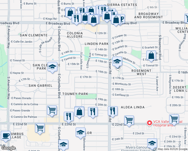 map of restaurants, bars, coffee shops, grocery stores, and more near 4549 East 17th Street in Tucson