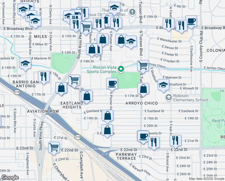 map of restaurants, bars, coffee shops, grocery stores, and more near 606 South Plumer Avenue in Tucson
