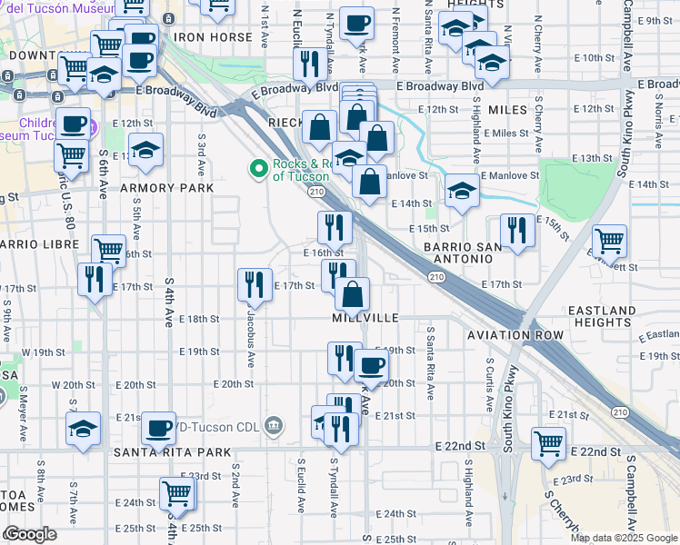 map of restaurants, bars, coffee shops, grocery stores, and more near 909 East 17th Street in Tucson