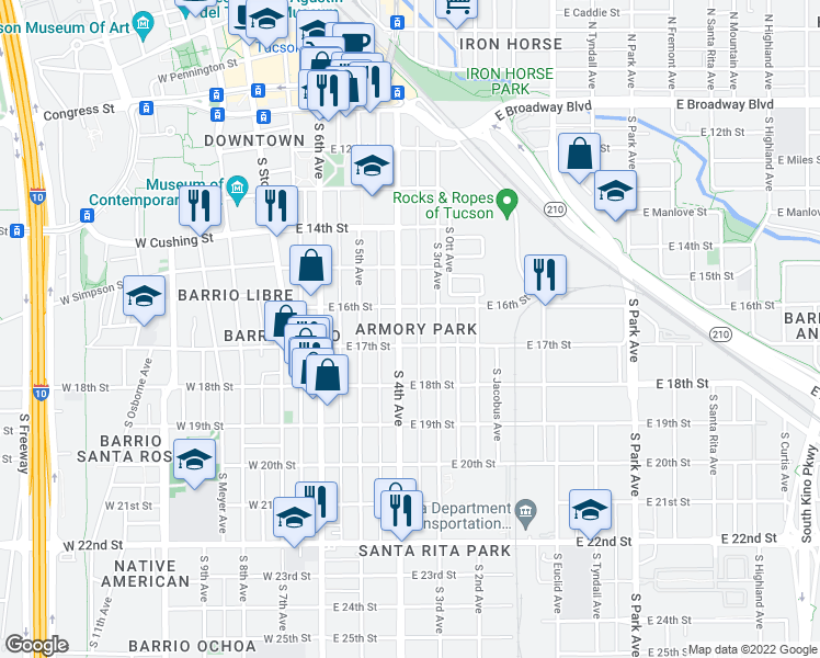 map of restaurants, bars, coffee shops, grocery stores, and more near 629 South 4th Avenue in Tucson