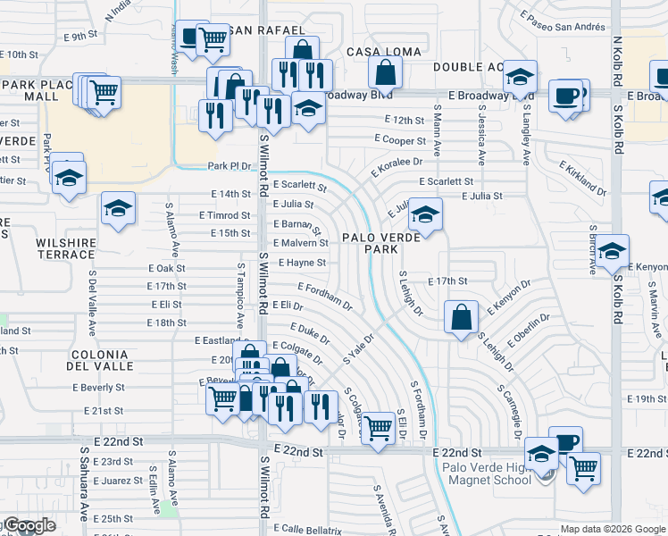map of restaurants, bars, coffee shops, grocery stores, and more near 6442 East Hayne Street in Tucson