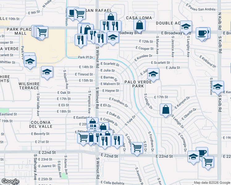 map of restaurants, bars, coffee shops, grocery stores, and more near 6350 East Hayne Street in Tucson