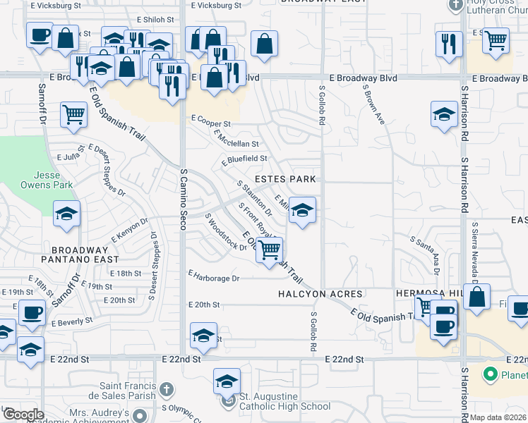 map of restaurants, bars, coffee shops, grocery stores, and more near 532 South Staunton Drive in Tucson