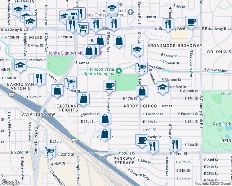 map of restaurants, bars, coffee shops, grocery stores, and more near 2232 East Winsett Street in Tucson