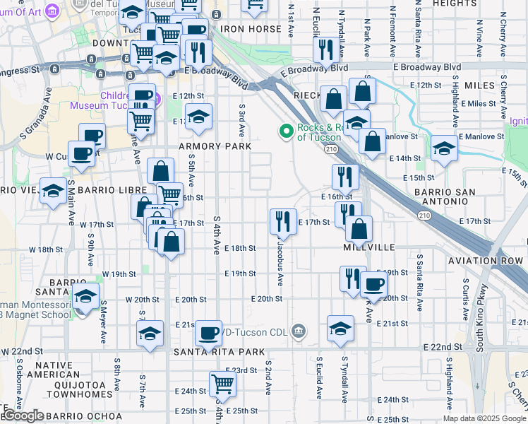 map of restaurants, bars, coffee shops, grocery stores, and more near 632 South 2nd Avenue in Tucson
