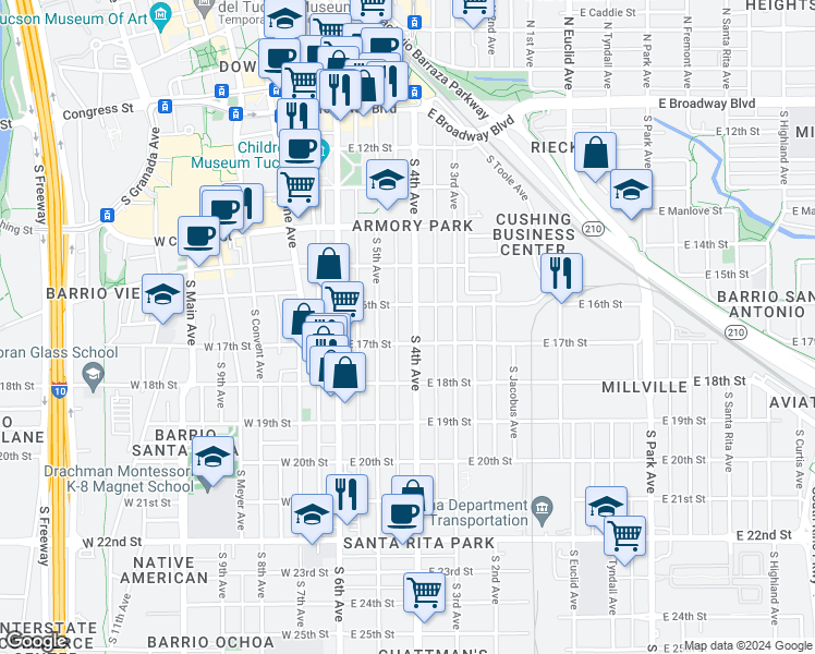 map of restaurants, bars, coffee shops, grocery stores, and more near 630 South 4th Avenue in Tucson