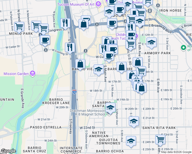 map of restaurants, bars, coffee shops, grocery stores, and more near 407 West Carrillo Street in Tucson