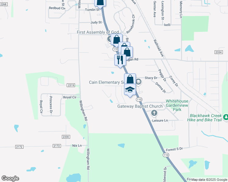 map of restaurants, bars, coffee shops, grocery stores, and more near 805 Rugby Lane in Whitehouse