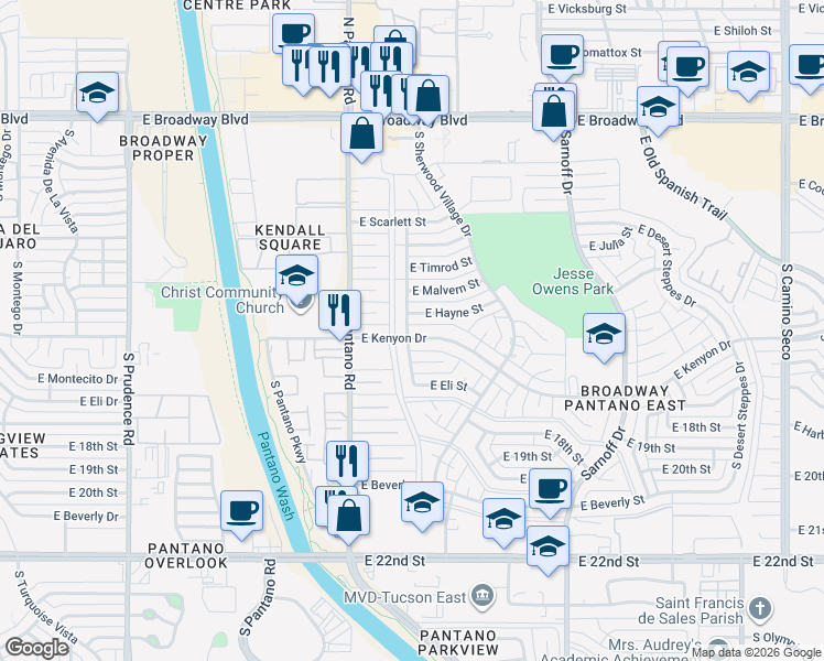 map of restaurants, bars, coffee shops, grocery stores, and more near 8001 East Kenyon Drive in Tucson