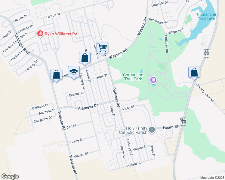 map of restaurants, bars, coffee shops, grocery stores, and more near 3619 Dixon Street in Big Spring