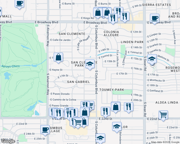 map of restaurants, bars, coffee shops, grocery stores, and more near 533 South Bryant Avenue in Tucson