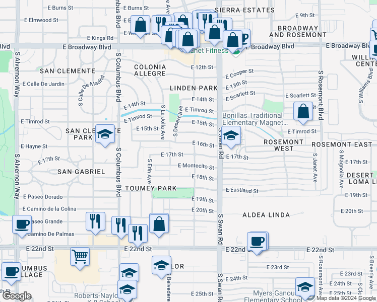 map of restaurants, bars, coffee shops, grocery stores, and more near 4549 E 17th St in Tucson