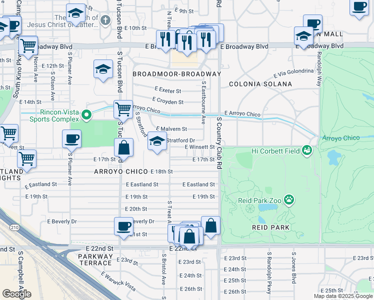 map of restaurants, bars, coffee shops, grocery stores, and more near 2897 East 17th Street in Tucson