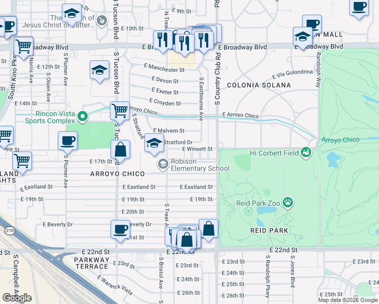 map of restaurants, bars, coffee shops, grocery stores, and more near 2897 East 17th Street in Tucson