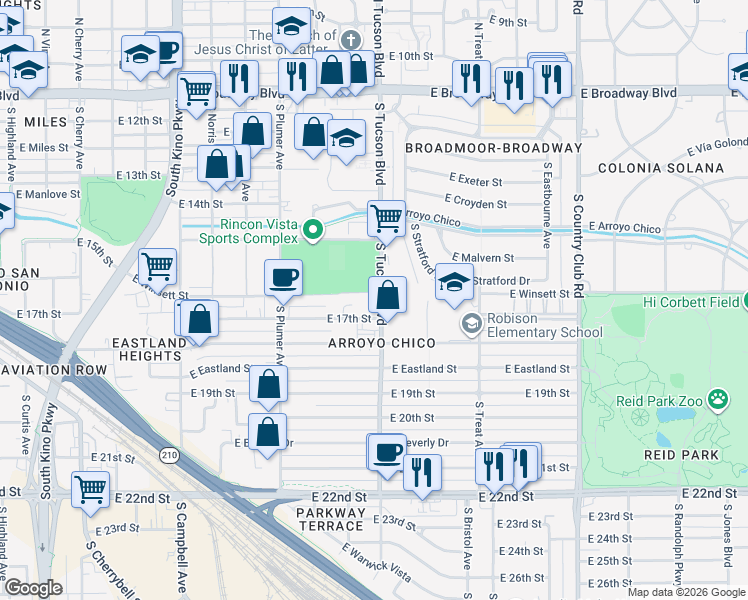 map of restaurants, bars, coffee shops, grocery stores, and more near 624 South Tucson Boulevard in Tucson