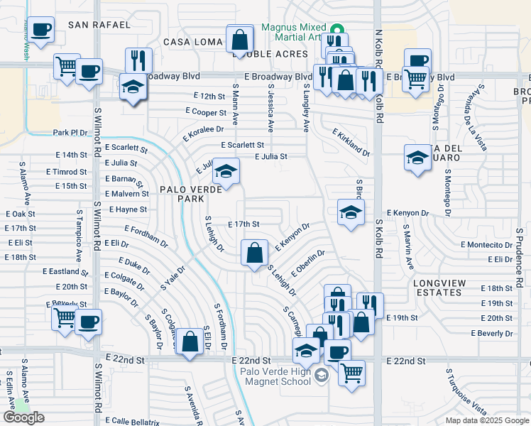 map of restaurants, bars, coffee shops, grocery stores, and more near 6728 East Hayne Street in Tucson