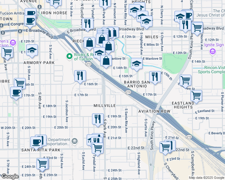 map of restaurants, bars, coffee shops, grocery stores, and more near 1001 South Mill Street in Tucson