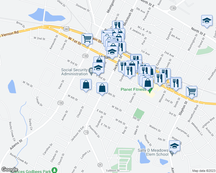 map of restaurants, bars, coffee shops, grocery stores, and more near 404 Jackson Street in Vidalia