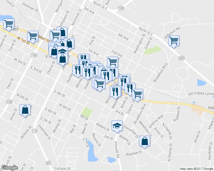 map of restaurants, bars, coffee shops, grocery stores, and more near 701 1st Street in Vidalia