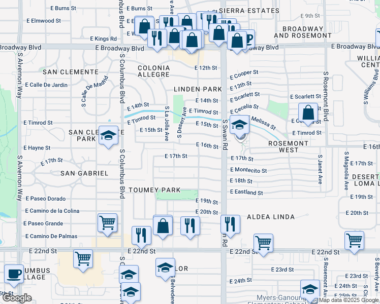 map of restaurants, bars, coffee shops, grocery stores, and more near 4549 East 17th Street in Tucson