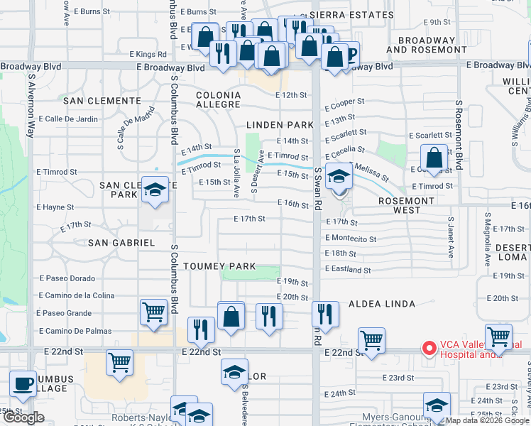 map of restaurants, bars, coffee shops, grocery stores, and more near 4549 East 17th Street in Tucson