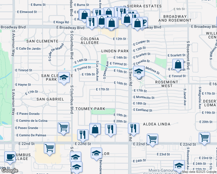 map of restaurants, bars, coffee shops, grocery stores, and more near 4549 East 17th Street in Tucson
