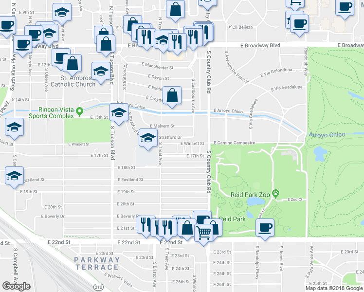 map of restaurants, bars, coffee shops, grocery stores, and more near 2897 East 17th Street in Tucson