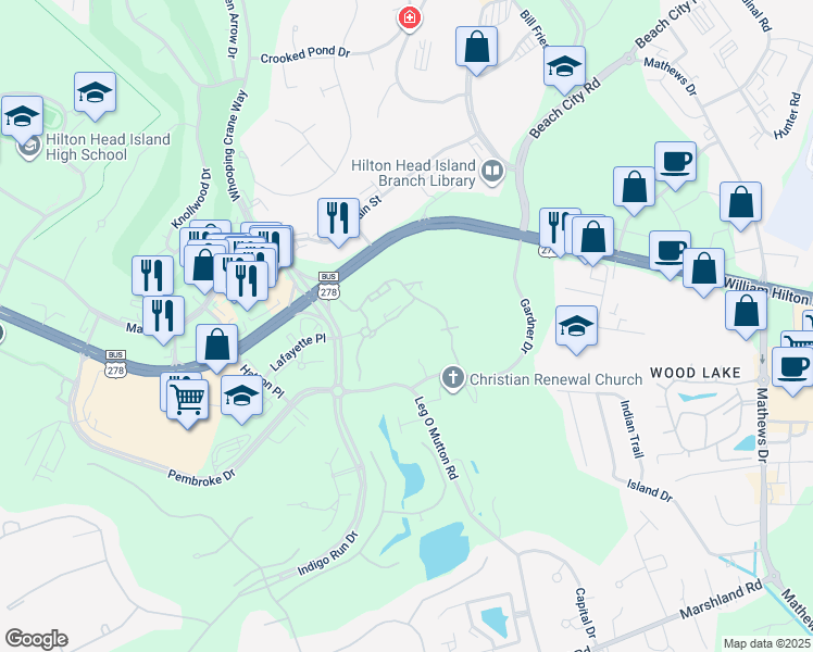 map of restaurants, bars, coffee shops, grocery stores, and more near 110 Gardner Dr in Hilton Head Island