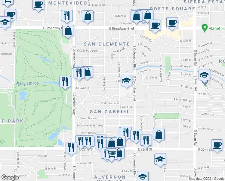 map of restaurants, bars, coffee shops, grocery stores, and more near 4130 East Hayne Street in Tucson