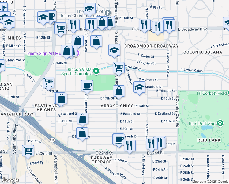 map of restaurants, bars, coffee shops, grocery stores, and more near 624 South Tucson Boulevard in Tucson