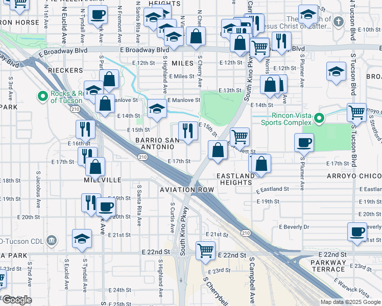 map of restaurants, bars, coffee shops, grocery stores, and more near 637 South Vine Avenue in Tucson