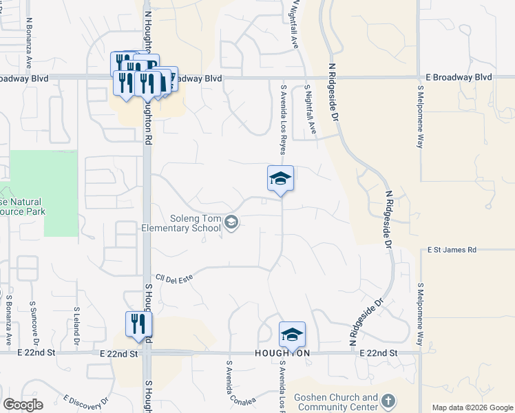 map of restaurants, bars, coffee shops, grocery stores, and more near 10628 East Camino Quince in Tucson