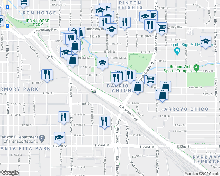 map of restaurants, bars, coffee shops, grocery stores, and more near 628 South Curtis Avenue in Tucson