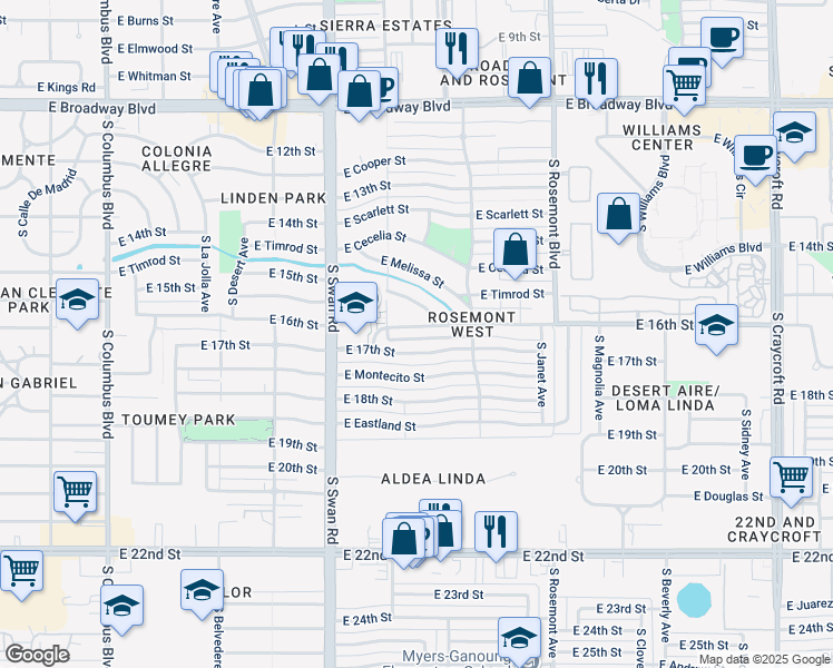 map of restaurants, bars, coffee shops, grocery stores, and more near 4818 East Winsett Street in Tucson
