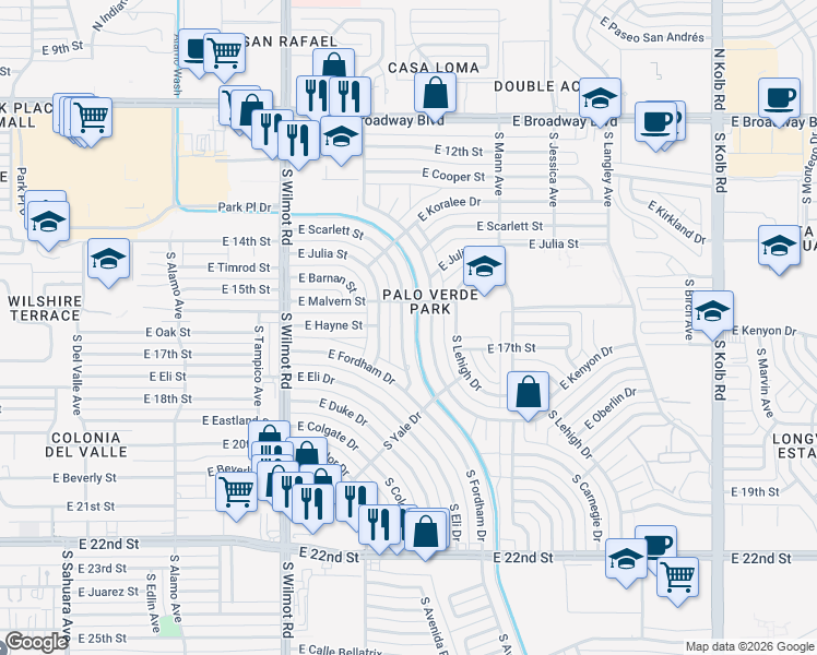 map of restaurants, bars, coffee shops, grocery stores, and more near 525 South Harvard Avenue in Tucson