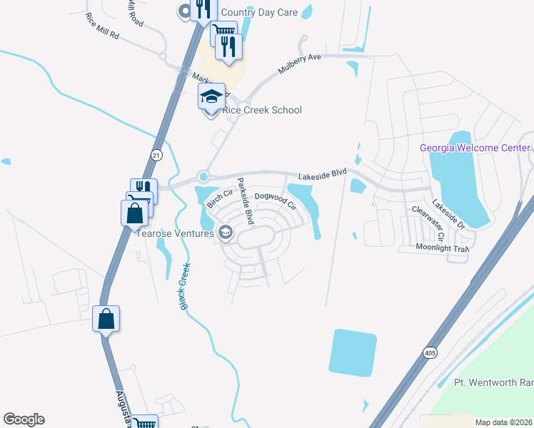 map of restaurants, bars, coffee shops, grocery stores, and more near 321 Crabapple Circle in Savannah