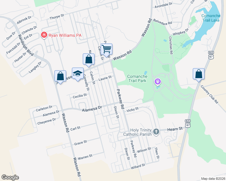 map of restaurants, bars, coffee shops, grocery stores, and more near 3619 Dixon Street in Big Spring