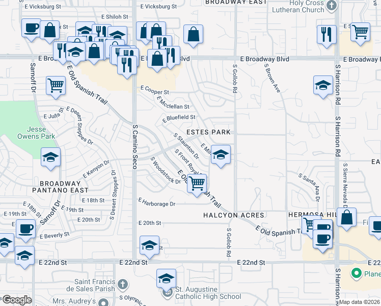 map of restaurants, bars, coffee shops, grocery stores, and more near 532 South Staunton Drive in Tucson