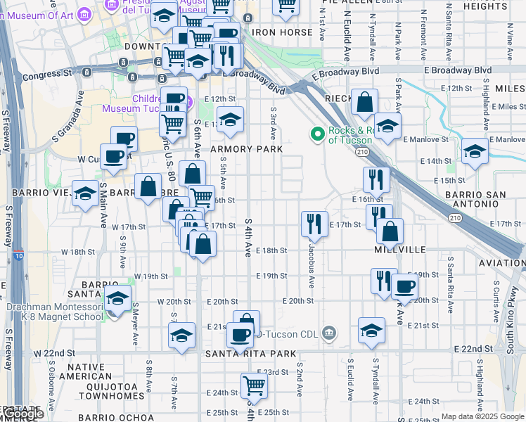map of restaurants, bars, coffee shops, grocery stores, and more near 617 South 3rd Avenue in Tucson