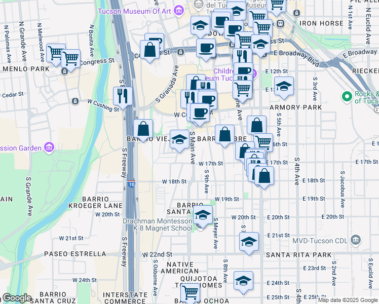 map of restaurants, bars, coffee shops, grocery stores, and more near 570 South Main Avenue in Tucson