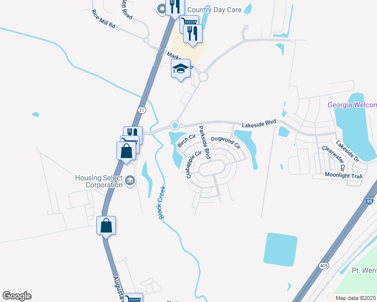 map of restaurants, bars, coffee shops, grocery stores, and more near 6 Crabapple Circle in Savannah
