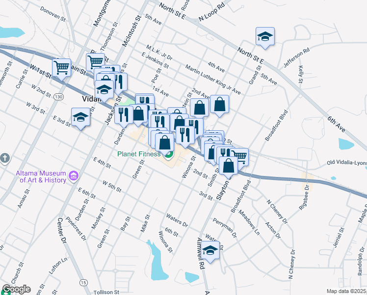 map of restaurants, bars, coffee shops, grocery stores, and more near 701 1st St in Vidalia