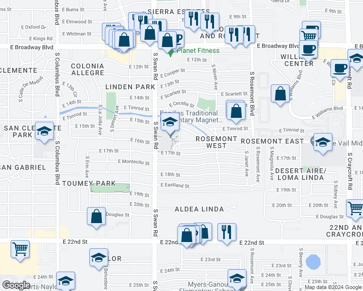 map of restaurants, bars, coffee shops, grocery stores, and more near 4766 East Winsett Street in Tucson