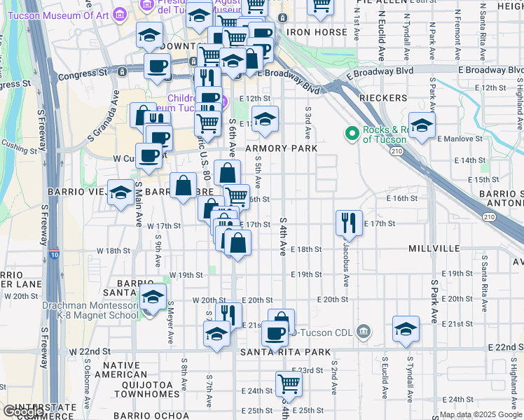 map of restaurants, bars, coffee shops, grocery stores, and more near 619 South 5th Avenue in Tucson