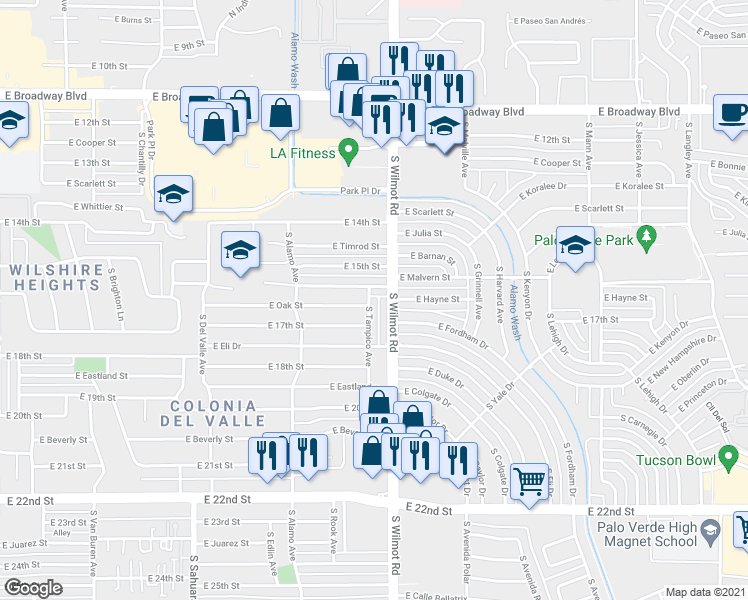 map of restaurants, bars, coffee shops, grocery stores, and more near 601 South Tampico Avenue in Tucson