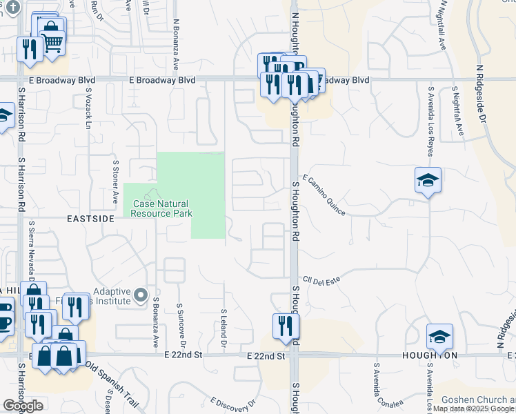 map of restaurants, bars, coffee shops, grocery stores, and more near 10197 East Essex Village Drive in Tucson
