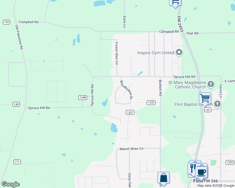 map of restaurants, bars, coffee shops, grocery stores, and more near 18321 Stillwood Lane in Flint