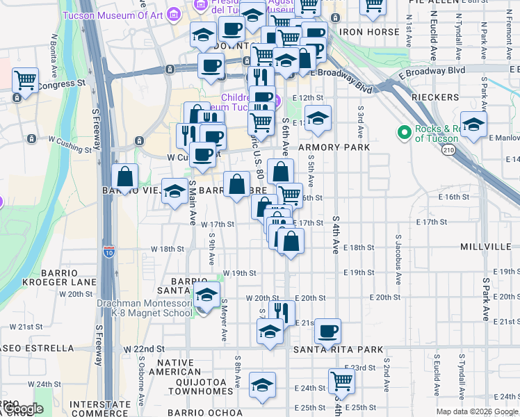 map of restaurants, bars, coffee shops, grocery stores, and more near 564 South Stone Avenue in Tucson