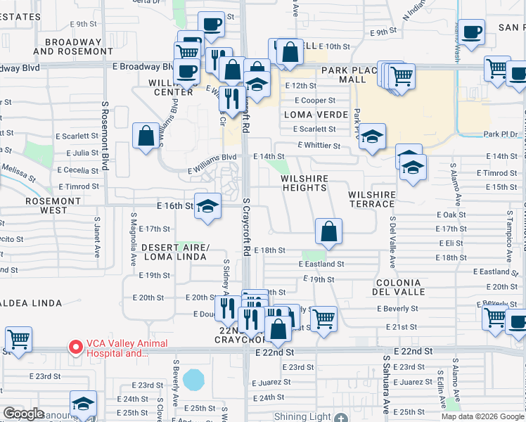 map of restaurants, bars, coffee shops, grocery stores, and more near 5512 East South Wilshire Drive in Tucson