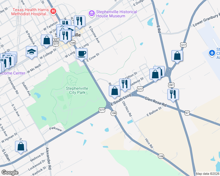 map of restaurants, bars, coffee shops, grocery stores, and more near 800 Riverside Drive in Stephenville